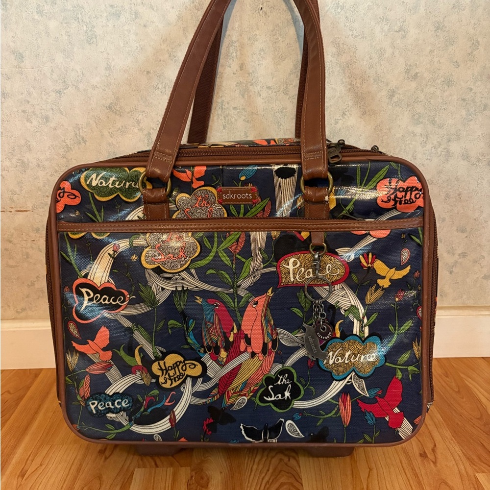 Sakroots Bird Print Luggage in Blue and Brown